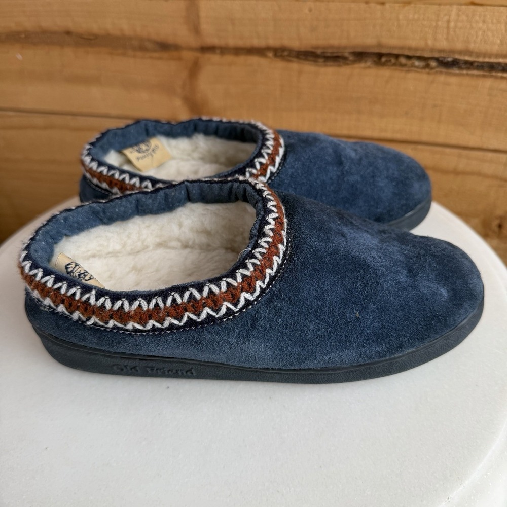 Old Friend Womens Clog Comfort Slippers Blue Leather Suede Shearling Sz 5 *Flaw*